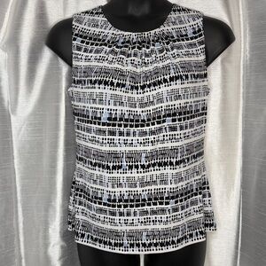 Calvin Klein Sleeveless Blouse Women’s Large Geometric Print Pleated White Black